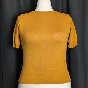 Women’s Knit Mustard Short Sleeve Sweater Top Half Sleeve Crewneck Pullover